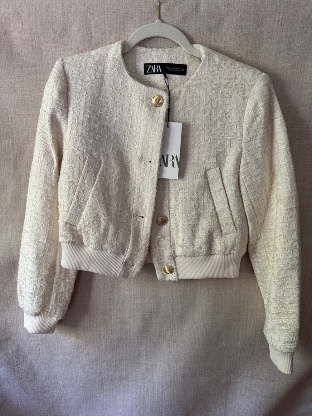 Zara Ivory Textured Bomber Jacket with Gold Buttons